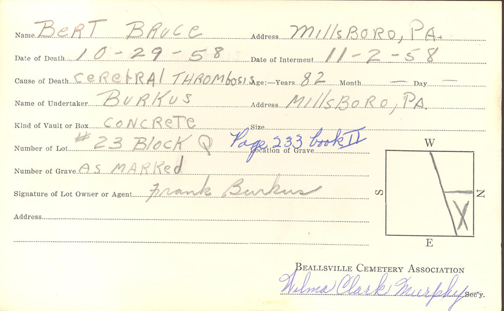 Bert B. Bruce burial card